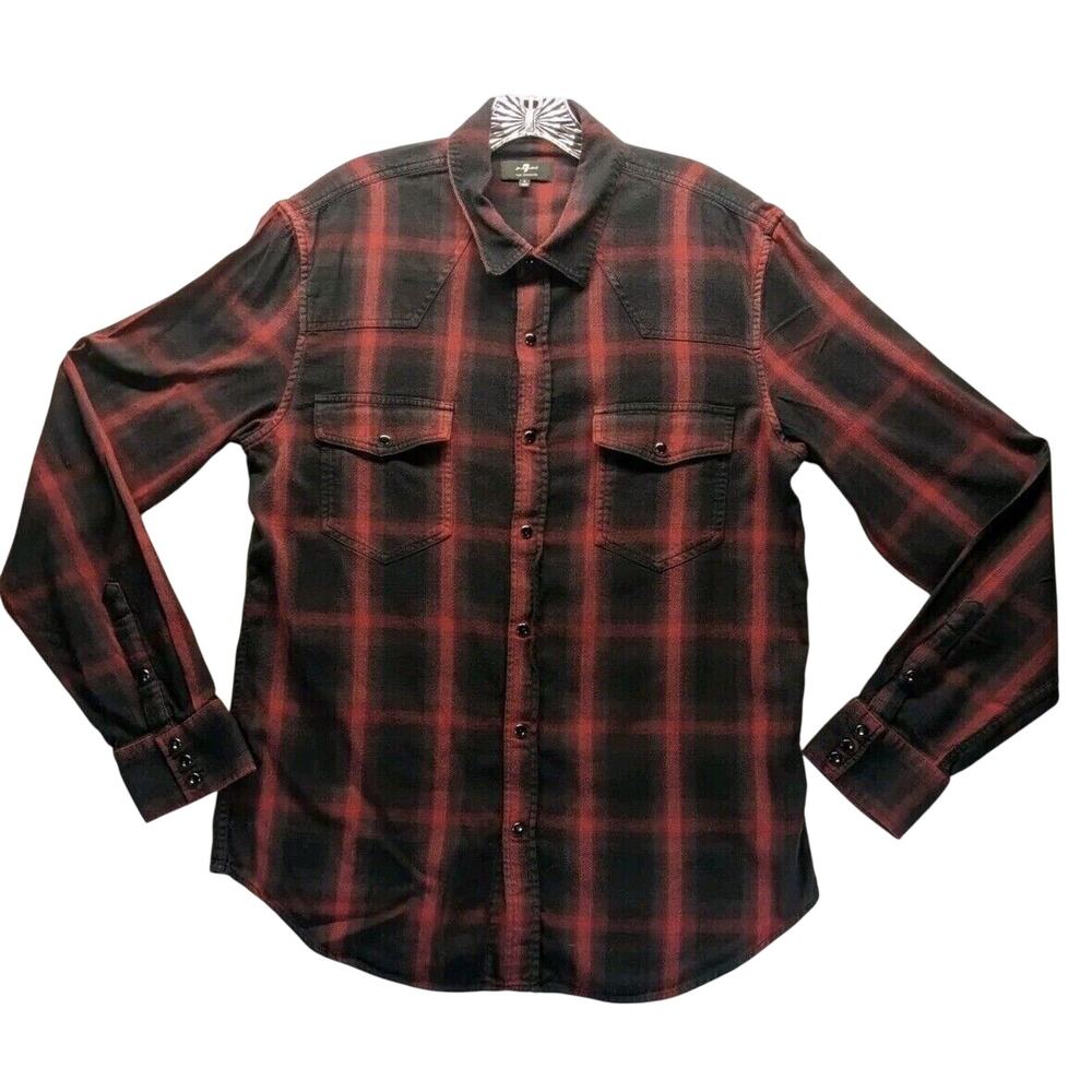 7 For All Mankind Red Black Buffalo Plaid Snap Button Long‎ Sleeve Shirt Large